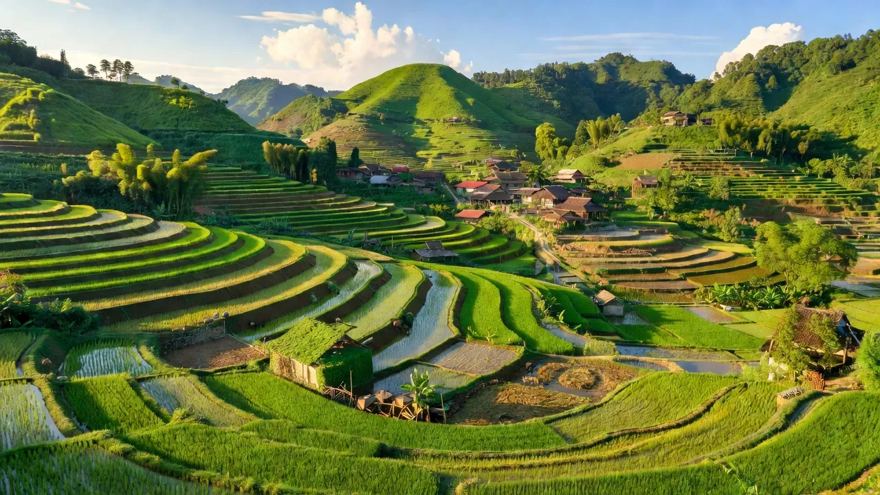 Cảnh quê đẹp ở xã Đồng Yên, huyện Bắc Quang, tỉnh Hà Giang với đồi núi và ruộng bậc thang.