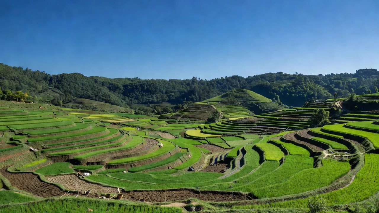 Khung cảnh Xã Đồng Yên, huyện Bắc Quang, tỉnh Hà Giang, với đồi núi và ruộng bậc thang.