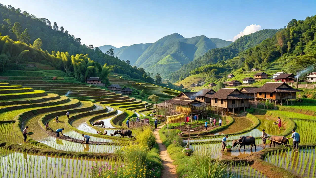 Khung cảnh xã Hữu Sản, huyện Bắc Quang, tỉnh Hà Giang, với đồi núi và hoạt động nông nghiệp.