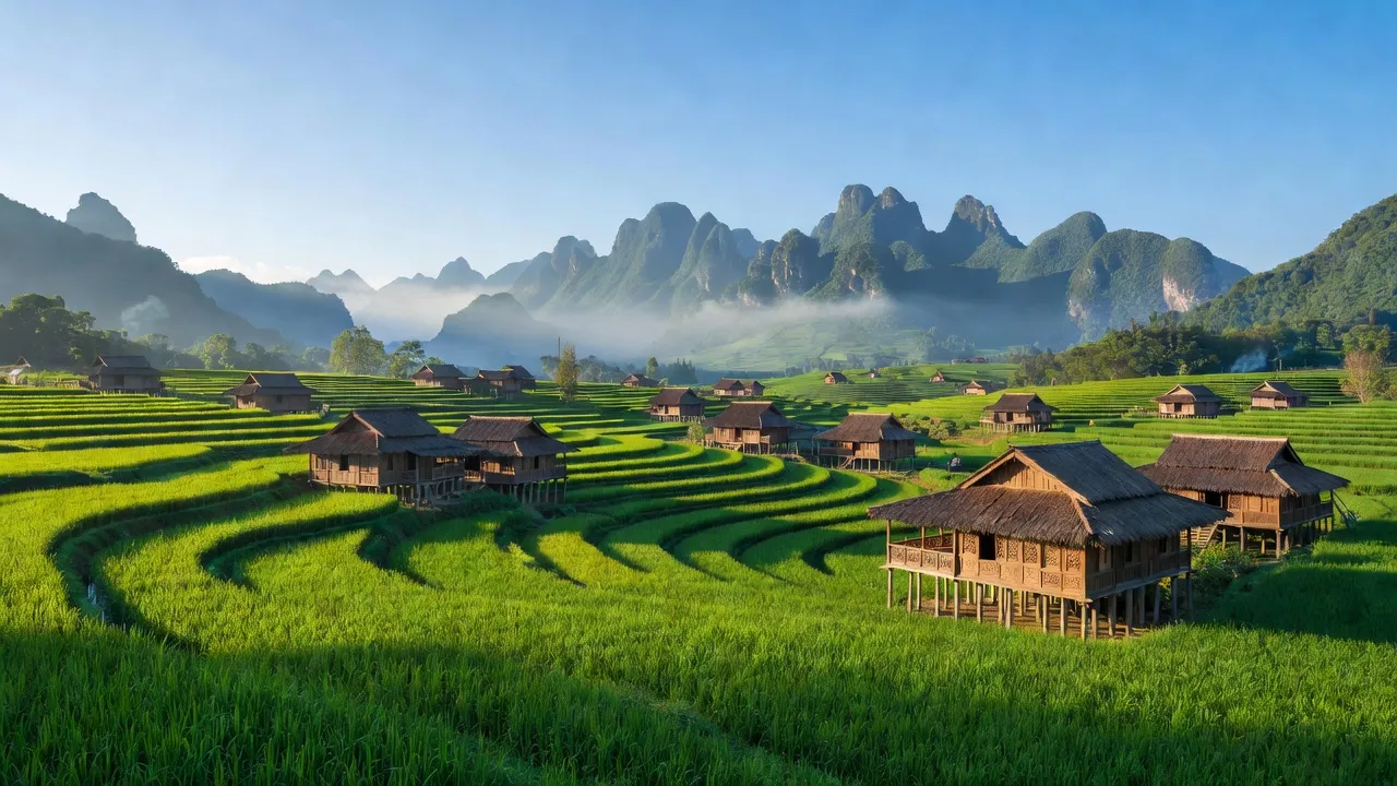 Khung cảnh Xã Kim Ngọc, huyện Bắc Quang, Hà Giang với ruộng bậc thang và núi non tuyệt đẹp.