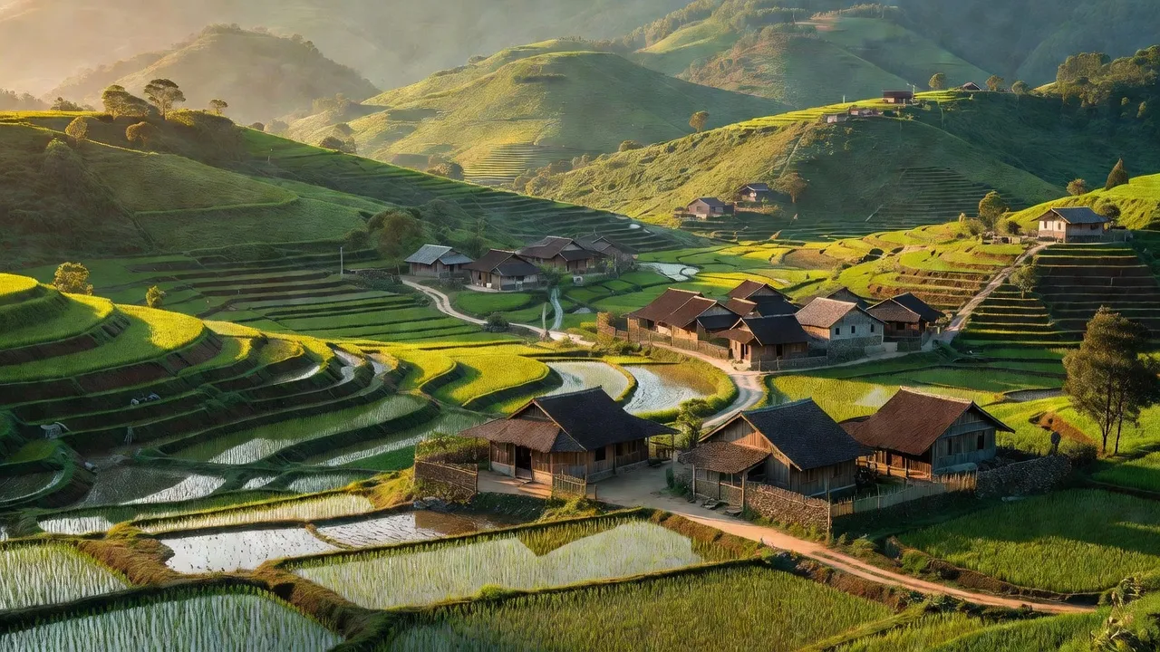 Xã Kim Ngọc, huyện Bắc Quang, Hà Giang với cánh đồng xanh và nhà truyền thống đẹp.