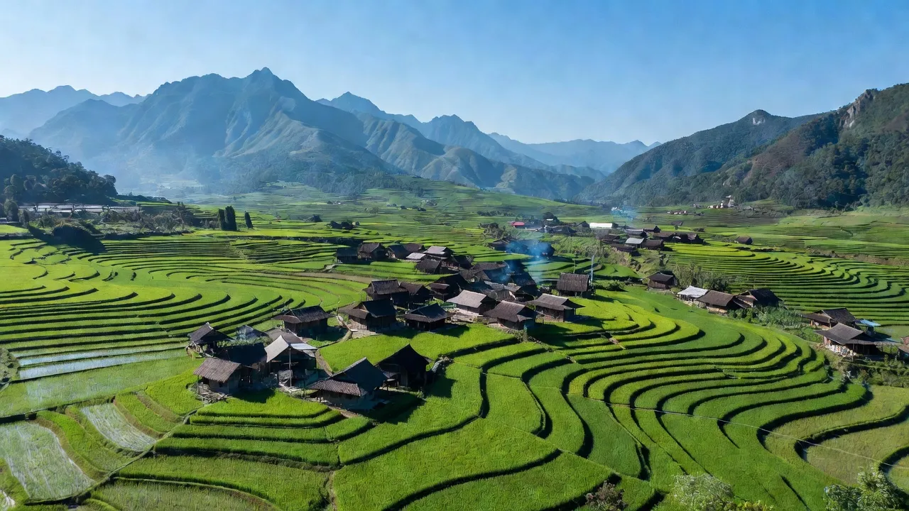 Cảnh quan Xã Liên Hiệp, huyện Bắc Quang, Hà Giang với cánh đồng xanh mướt và núi non hùng vĩ.