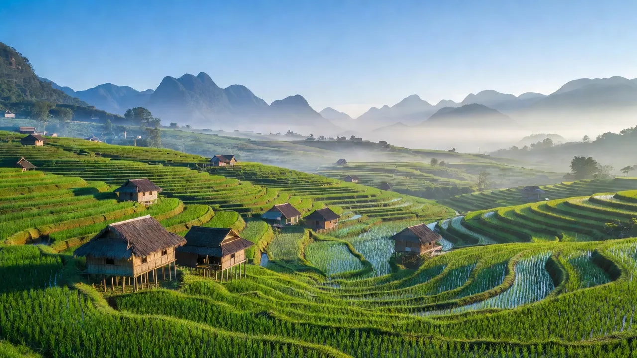 Khung cảnh xã Liên Hiệp, huyện Bắc Quang, tỉnh Hà Giang với ruộng bậc thang xanh tươi.