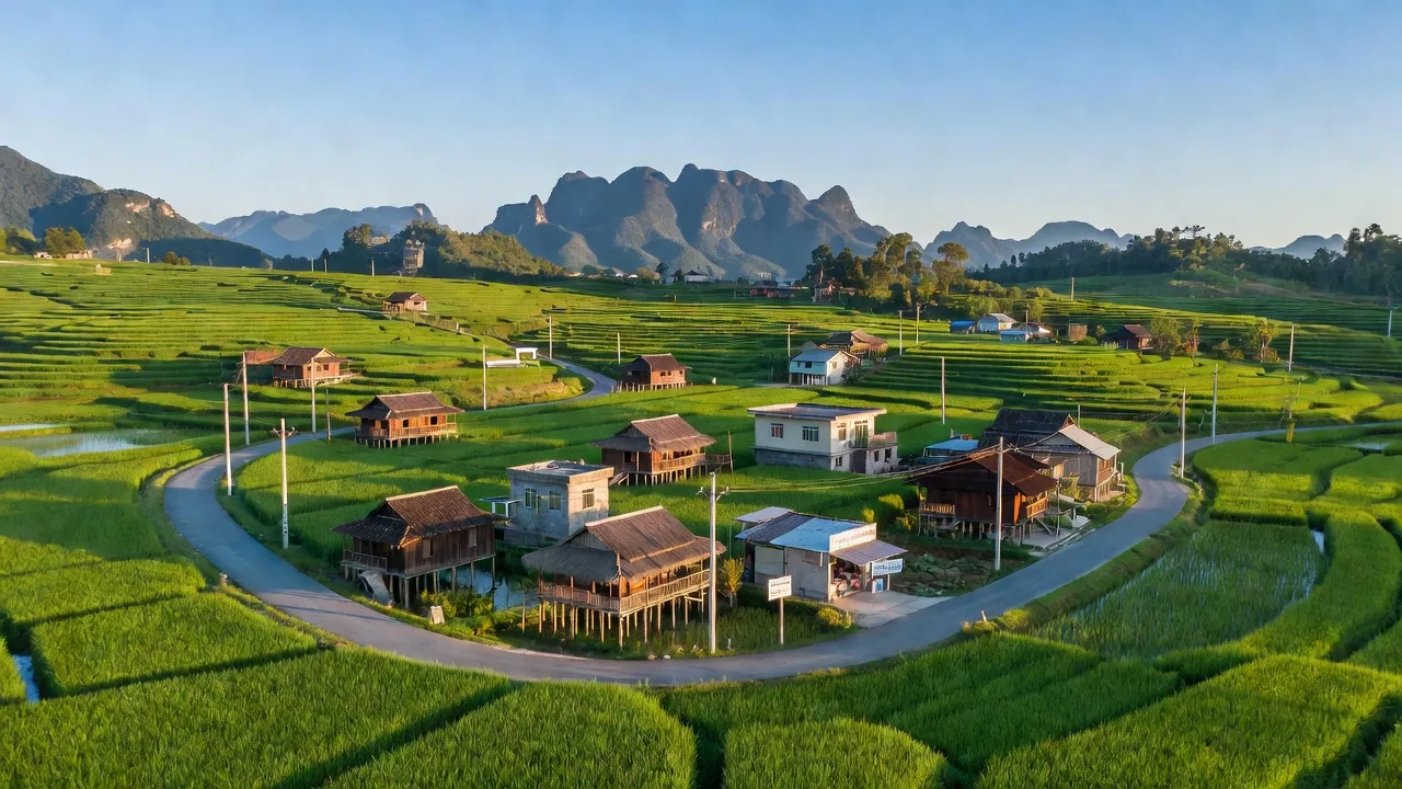 Quang Minh, Bắc Quang, Hà Giang with rice fields and mountains under a clear blue sky.