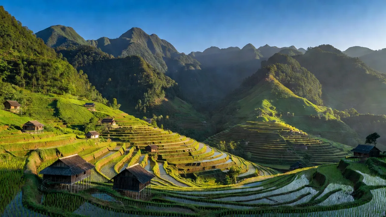 Cảnh đẹp xã Tân Lập, huyện Bắc Quang, Hà Giang với núi non, ruộng bậc thang và nhà truyền thống.