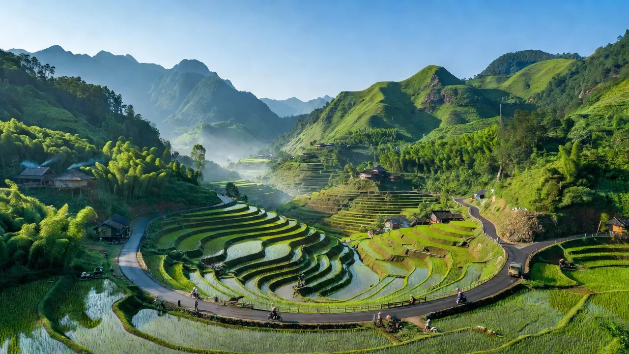 Cảnh quan xã Tân Quang, huyện Bắc Quang, tỉnh Hà Giang với đồi núi và ruộng bậc thang.