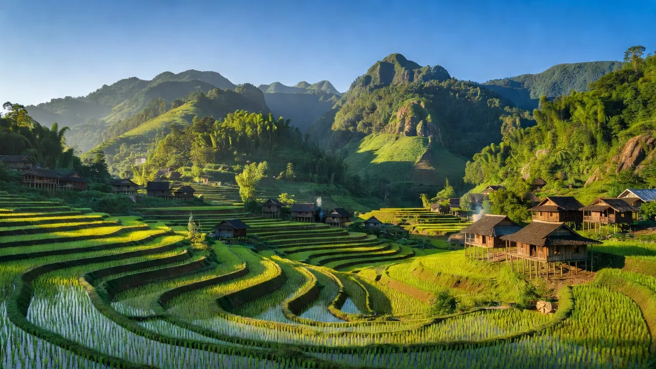 Cảnh đẹp xã Tân Thành, huyện Bắc Quang, tỉnh Hà Giang với núi, ruộng bậc thang và nhà dân tộc.