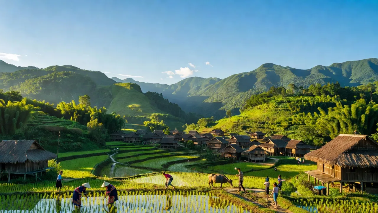 Cảnh sắc thiên nhiên Tân Thành, Bắc Quang, Hà Giang với núi xanh và làng quê truyền thống.