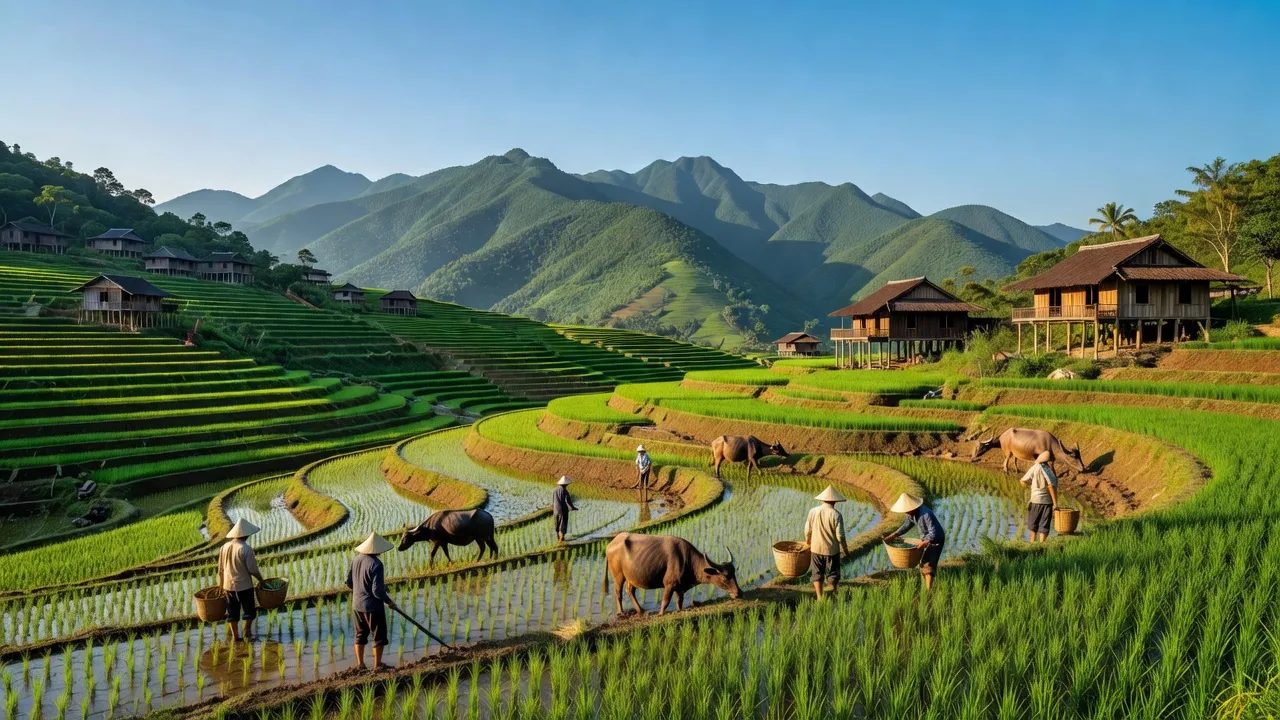 Khung cảnh Thượng Bình, Bắc Quang với ruộng bậc thang và núi xanh, Hà Giang.