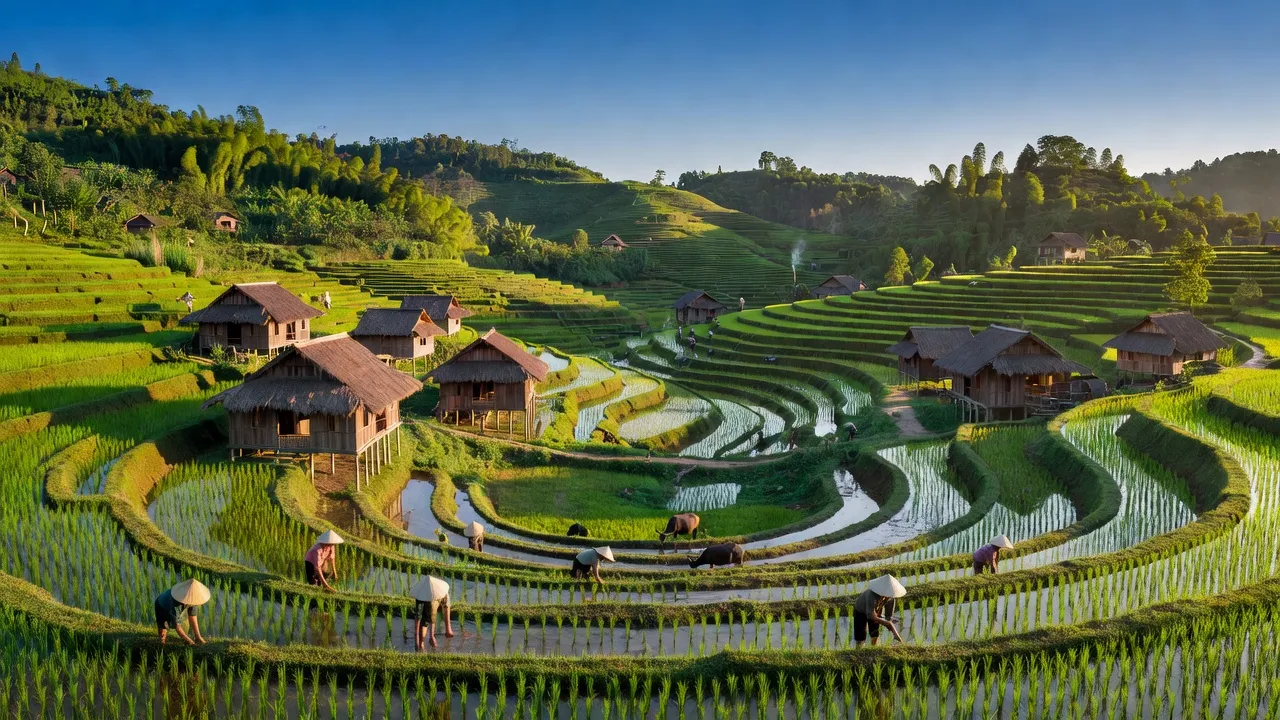Khung cảnh xã Thượng Bình, huyện Bắc Quang, Hà Giang với ruộng bậc thang xanh rì và nhà sàn truyền thống.