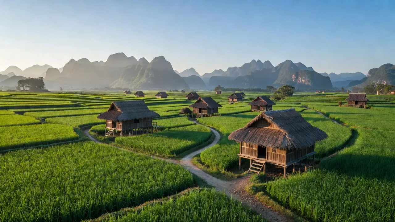 Cảnh quan yên bình xã Tiên Kiều, huyện Bắc Quang, tỉnh Hà Giang với cánh đồng xanh.