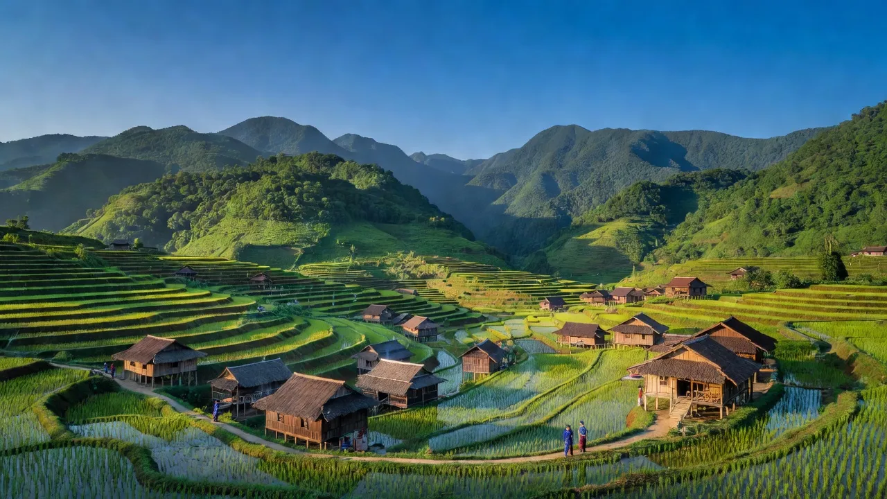 Khung cảnh làng Việt Hồng đẹp với núi xanh, ruộng bậc thang và nhà gỗ truyền thống ở Hà Giang.