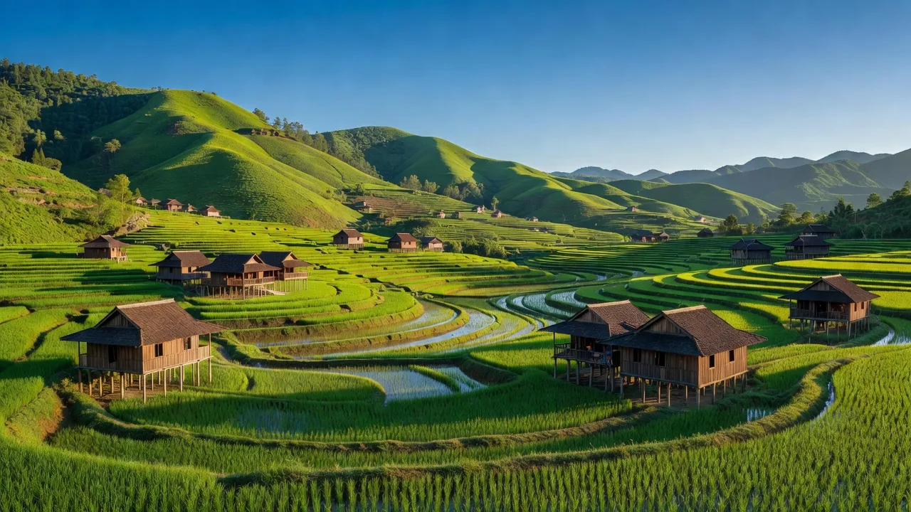 Thị trấn Việt Quang, huyện Bắc Quang, tỉnh Hà Giang với đồi núi và ruộng bậc thang.