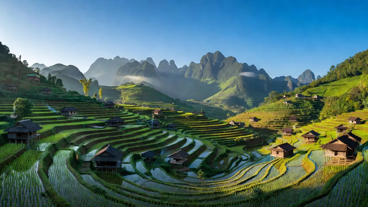 Khung cảnh thiên nhiên xã Việt Vinh, huyện Bắc Quang, tỉnh Hà Giang với ruộng bậc thang và nhà truyền thống.