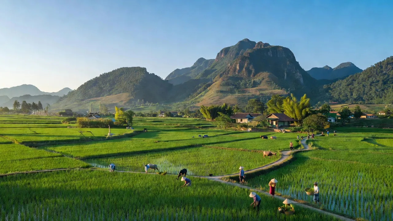 Khung cảnh yên bình xã Vĩnh Hảo, huyện Bắc Quang, tỉnh Hà Giang với cánh đồng và đồi núi.