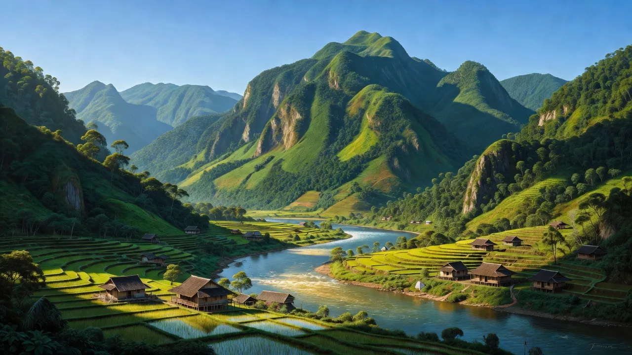 Phong cảnh xã Vĩnh Hảo, huyện Bắc Quang, tỉnh Hà Giang, núi non xanh tươi và dòng sông uốn lượn.