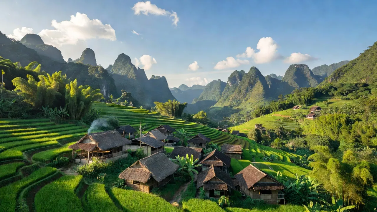 Cảnh quan xã Vĩnh Phúc huyện Bắc Quang tỉnh Hà Giang, núi non và kiến trúc truyền thống.