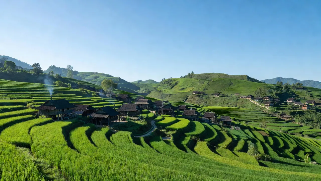 Khung cảnh xã Vĩnh Phúc, huyện Bắc Quang, tỉnh Hà Giang với đồi núi và nhà truyền thống.