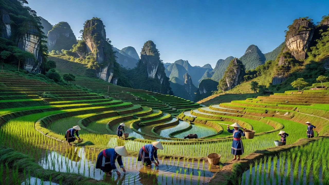 Huyện Đồng Văn, Hà Giang với núi non hùng vĩ, ruộng bậc thang và cảnh quan thiên nhiên đẹp.