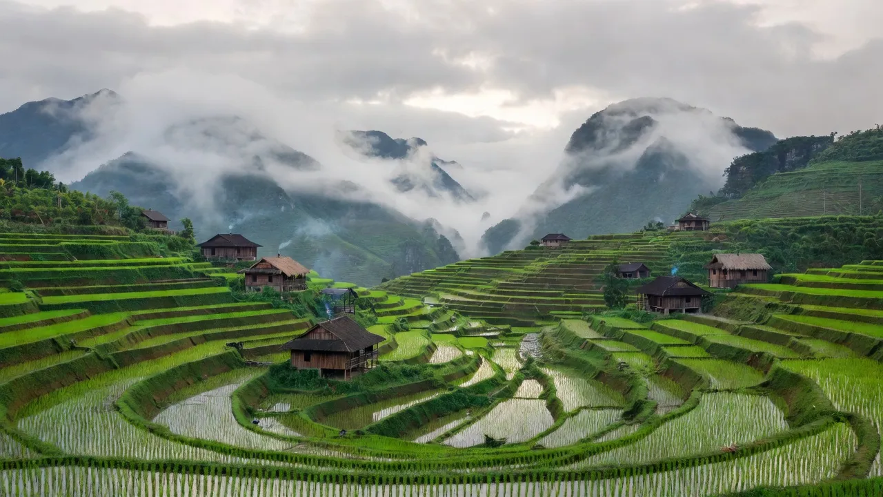 Phong cảnh Xã Hố Quáng Phìn, huyện Đồng Văn, tỉnh Hà Giang với ruộng bậc thang và núi non.