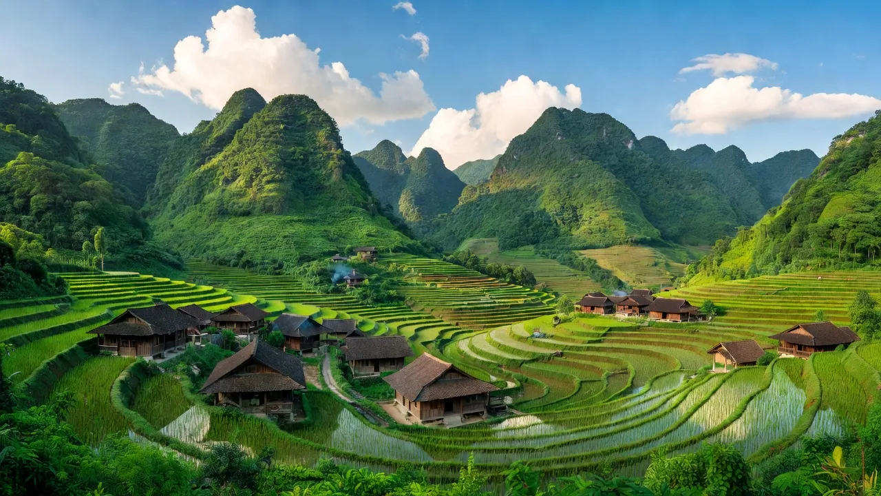 Quang Phin village in Dong Van, Ha Giang, showcasing terraced fields and traditional houses.