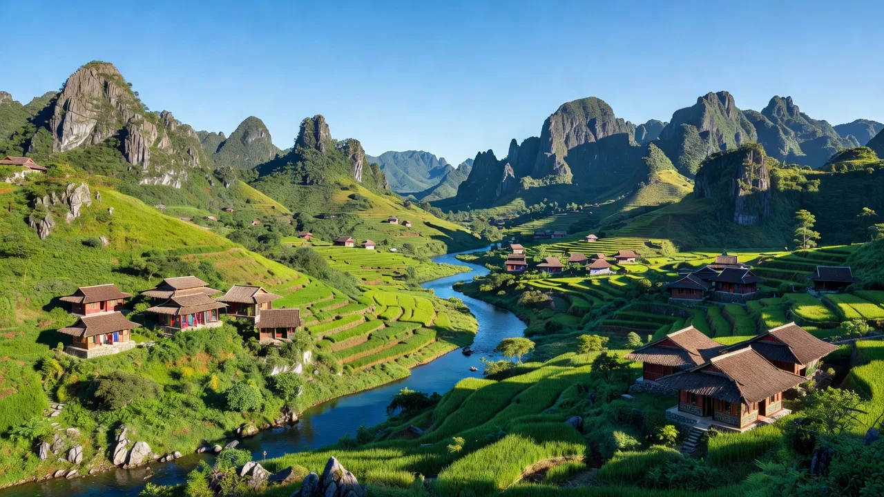 Cảnh đẹp xã Lũng Cú, huyện Đồng Văn với núi đá vôi, sông Nho Quế và nhà truyền thống.