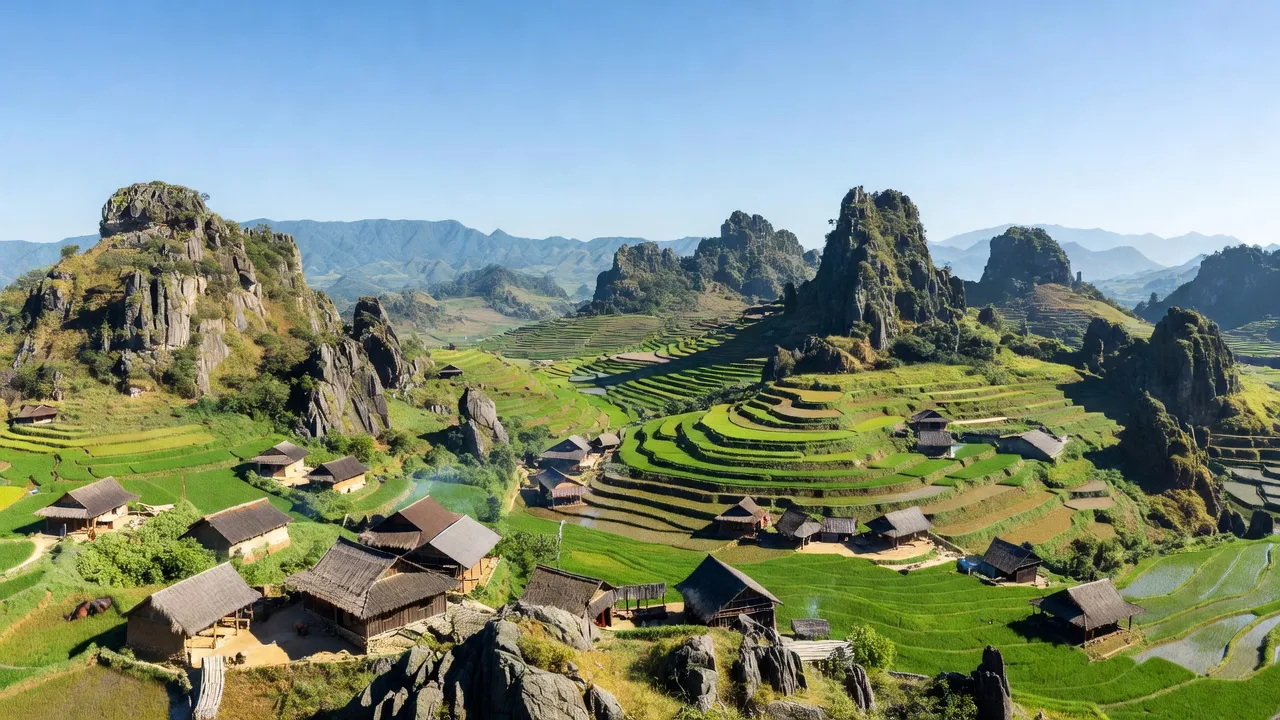 Khung cảnh Lũng Cú, huyện Đồng Văn với núi đá vôi và ruộng bậc thang tuyệt đẹp.