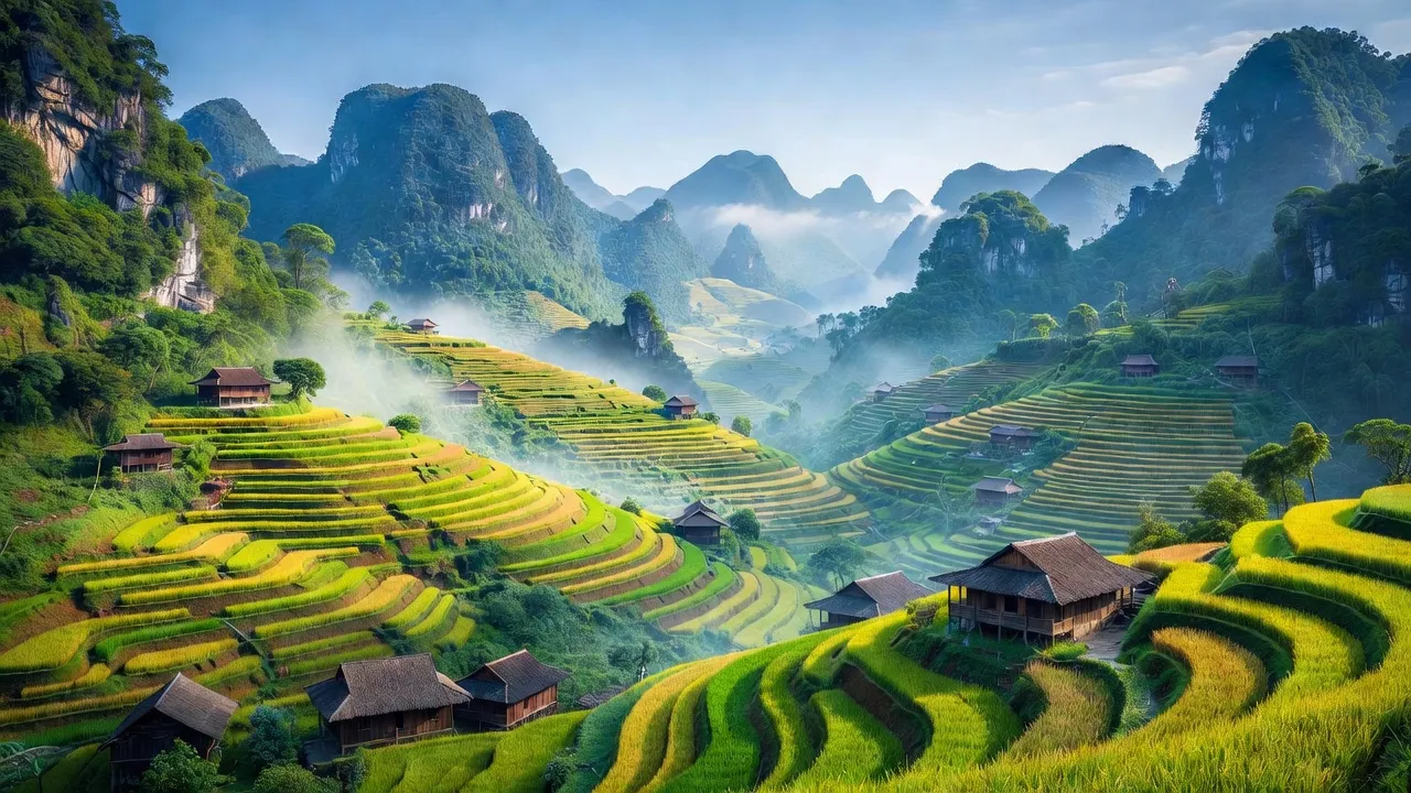 Cảnh đẹp xã Lũng Phìn, huyện Đồng Văn, tỉnh Hà Giang với núi đá và nhà truyền thống.