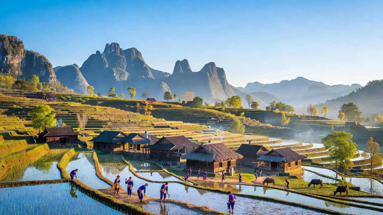 Cảnh đẹp xã Lũng Phìn, huyện Đồng Văn, tỉnh Hà Giang với ruộng bậc thang và núi non hùng vĩ.