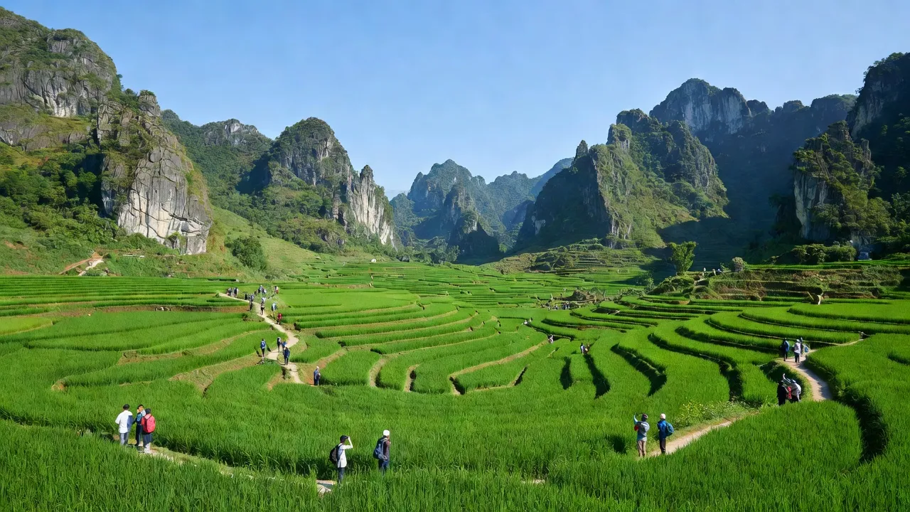 Cảnh quan thiên nhiên xã Lũng Táo, huyện Đồng Văn, tỉnh Hà Giang với núi đá và cánh đồng xanh.