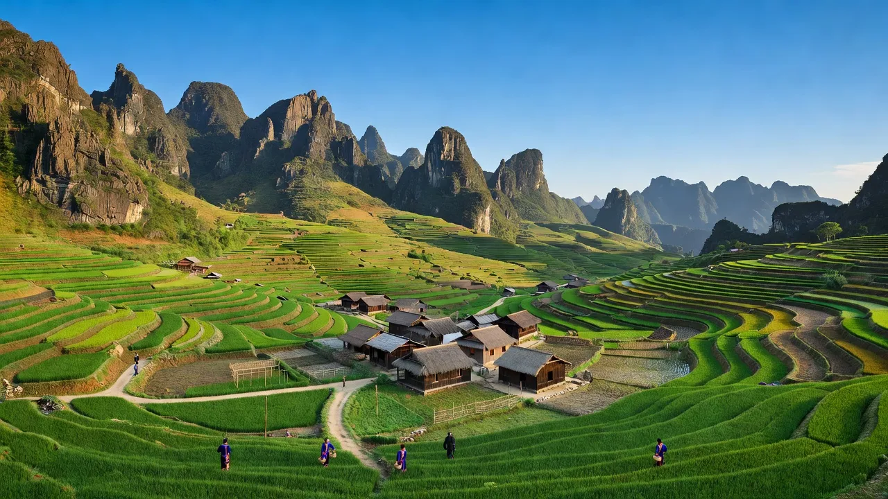 Khung cảnh làng Lũng Thầu, huyện Đồng Văn, Hà Giang với núi non hùng vĩ và ruộng bậc thang.