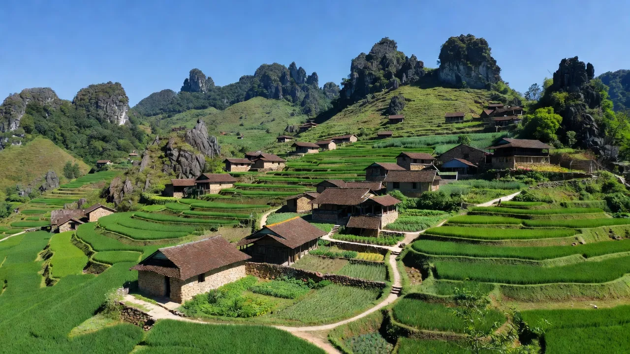 Cảnh đẹp xã Má Lé, huyện Đồng Văn, tỉnh Hà Giang với núi đá, ruộng bậc thang và nhà truyền thống.
