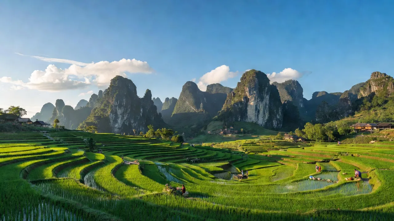 Cảnh quan xã Má Lé, huyện Đồng Văn, Hà Giang với cánh đồng xanh và núi đá, bầu trời trong sáng.