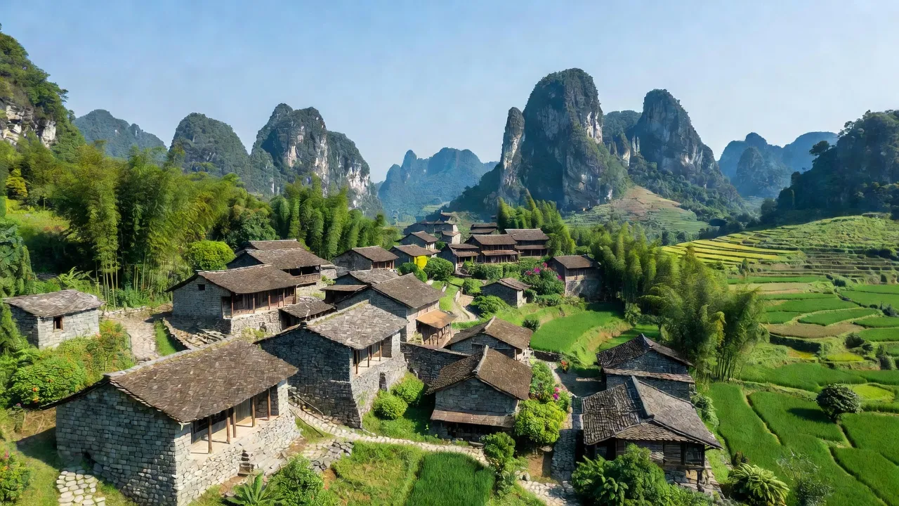 Khung cảnh thị trấn Phó Bảng, Huyện Đồng Văn, Hà Giang với nhà đá truyền thống và núi non hùng vĩ.