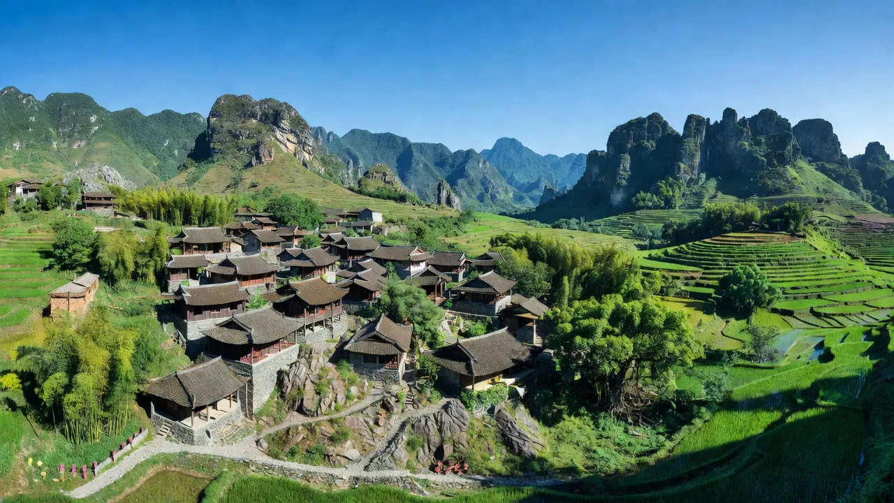 Thị trấn Phó Bảng ở Hà Giang, với phong cảnh núi đá và nhà truyền thống.