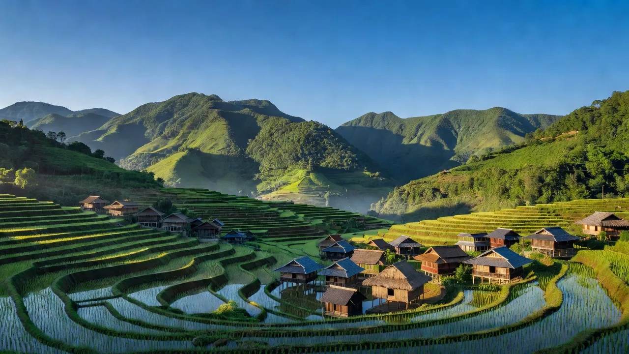 Khung cảnh yên bình ở xã Phố Cáo, huyện Đồng Văn, tỉnh Hà Giang với núi non và nhà truyền thống.