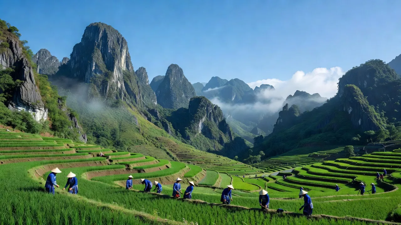 Khung cảnh xã Phố Là, huyện Đồng Văn, với núi đá vôi, ruộng bậc thang và bầu trời trong xanh.