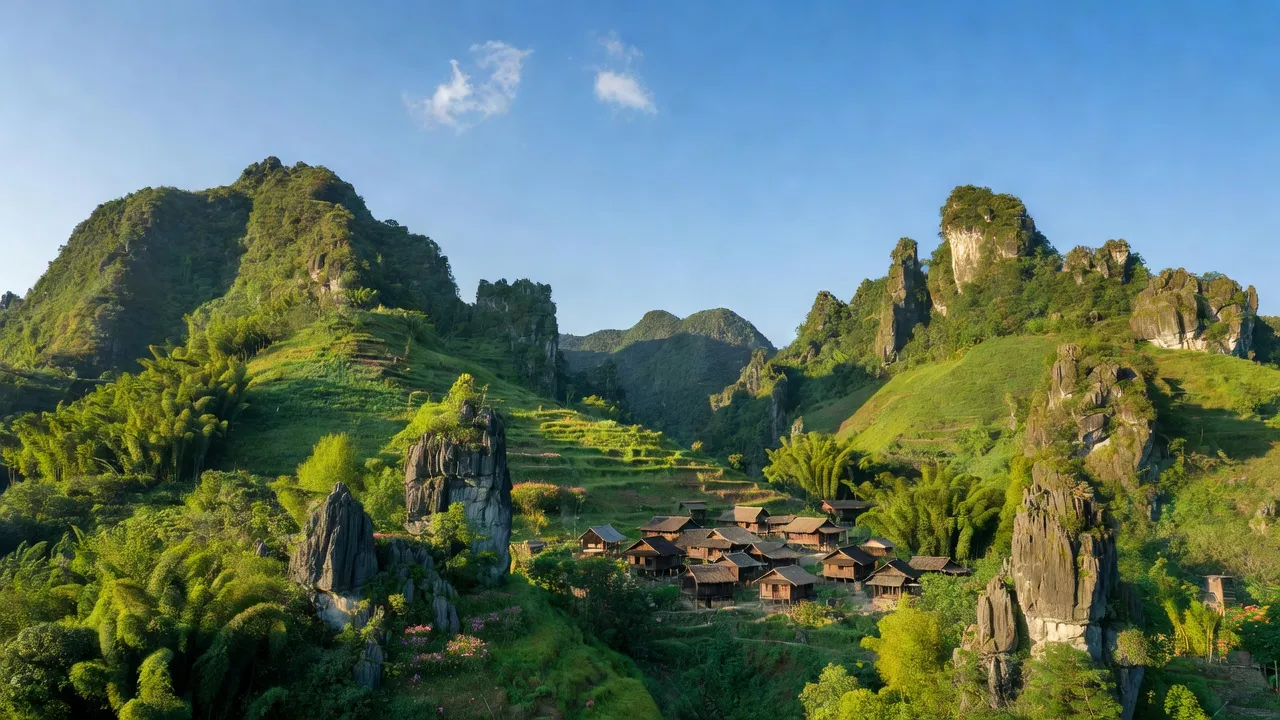 Quang cảnh xã Phố Là, huyện Đồng Văn, tỉnh Hà Giang với núi đá vôi và làng truyền thống.