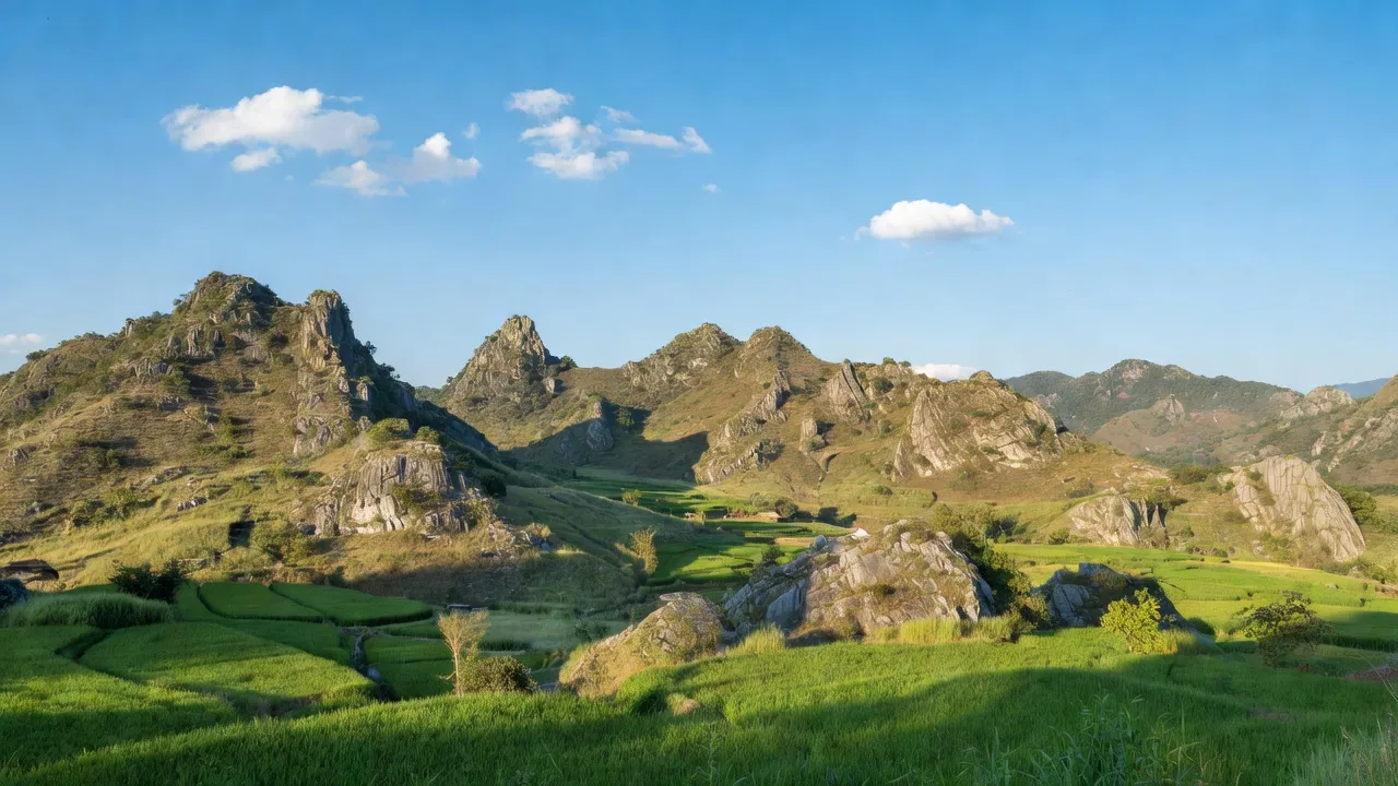 Khung cảnh xã Sảng Tủng, huyện Đồng Văn, Hà Giang với núi đá vôi và cánh đồng xanh.
