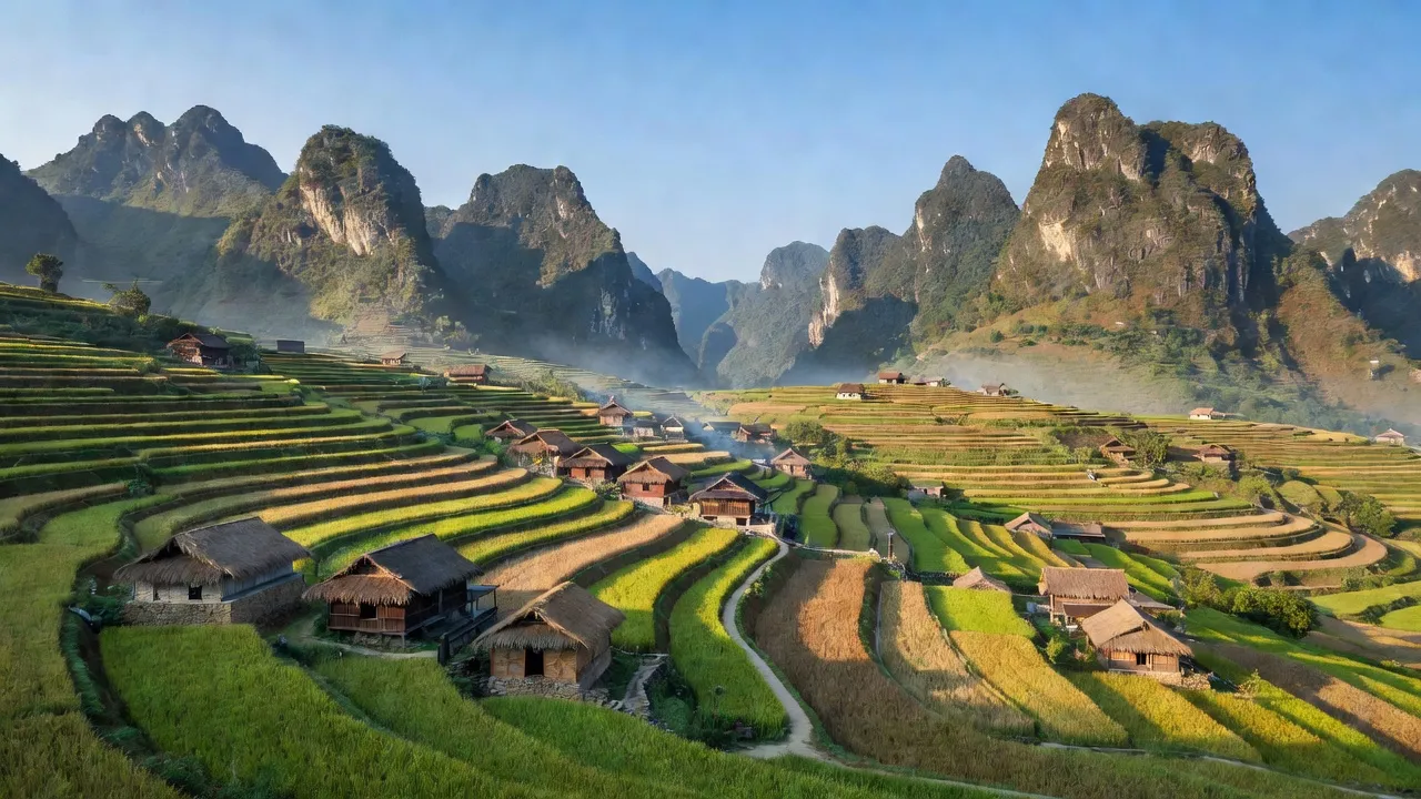 Quang cảnh xã Sảng Tủng, huyện Đồng Văn, Hà Giang với ruộng bậc thang và nhà truyền thống.