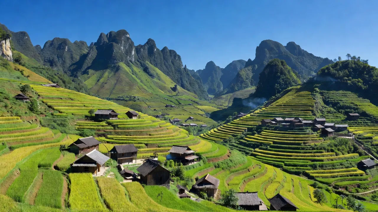 Khung cảnh Xã Sính Lủng, Huyện Đồng Văn, Tỉnh Hà Giang với núi non và nhà gỗ truyền thống.