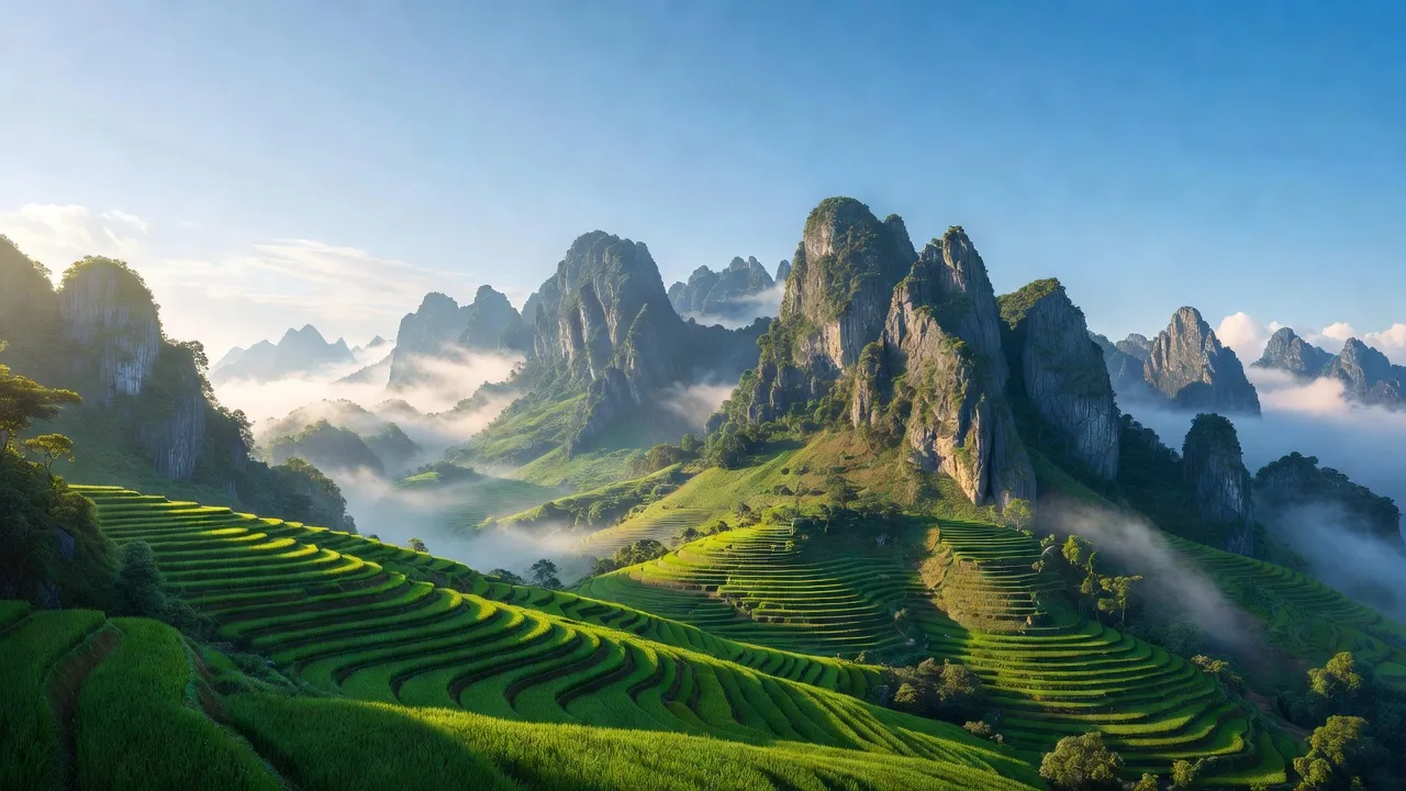 Phong cảnh xã Sính Lủng, huyện Đồng Văn, tỉnh Hà Giang với núi đá và ruộng bậc thang.