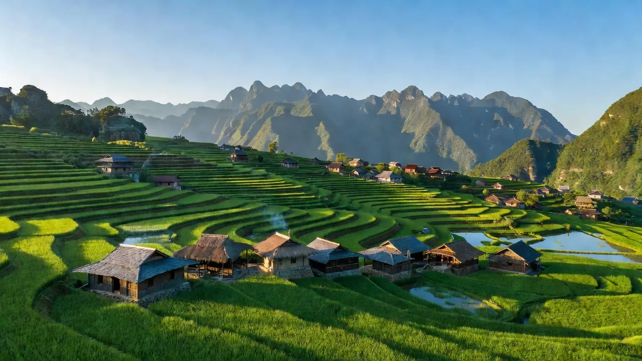 Cảnh đẹp xã Sủng Trái, huyện Đồng Văn, tỉnh Hà Giang với ruộng bậc thang xanh tươi.