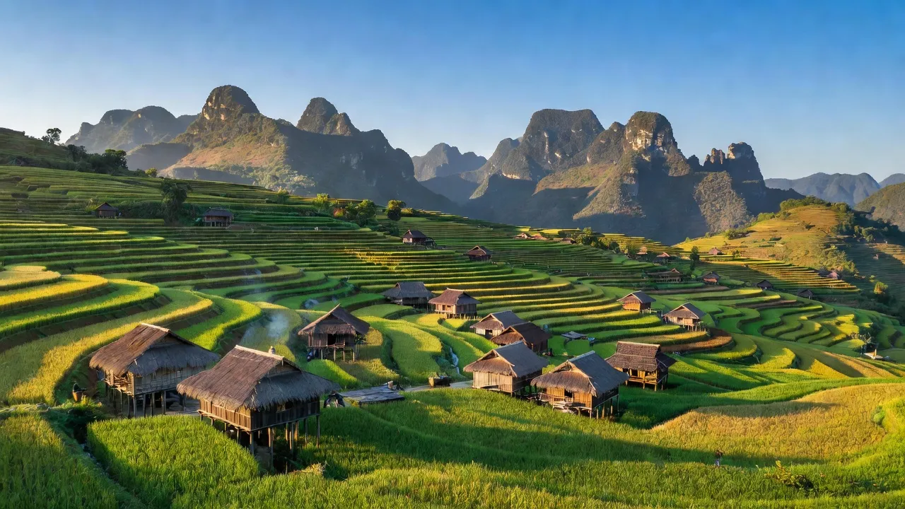 Khung cảnh thiên nhiên tuyệt đẹp tại xã Sủng Trái, huyện Đồng Văn, tỉnh Hà Giang với núi non, nhà sàn.