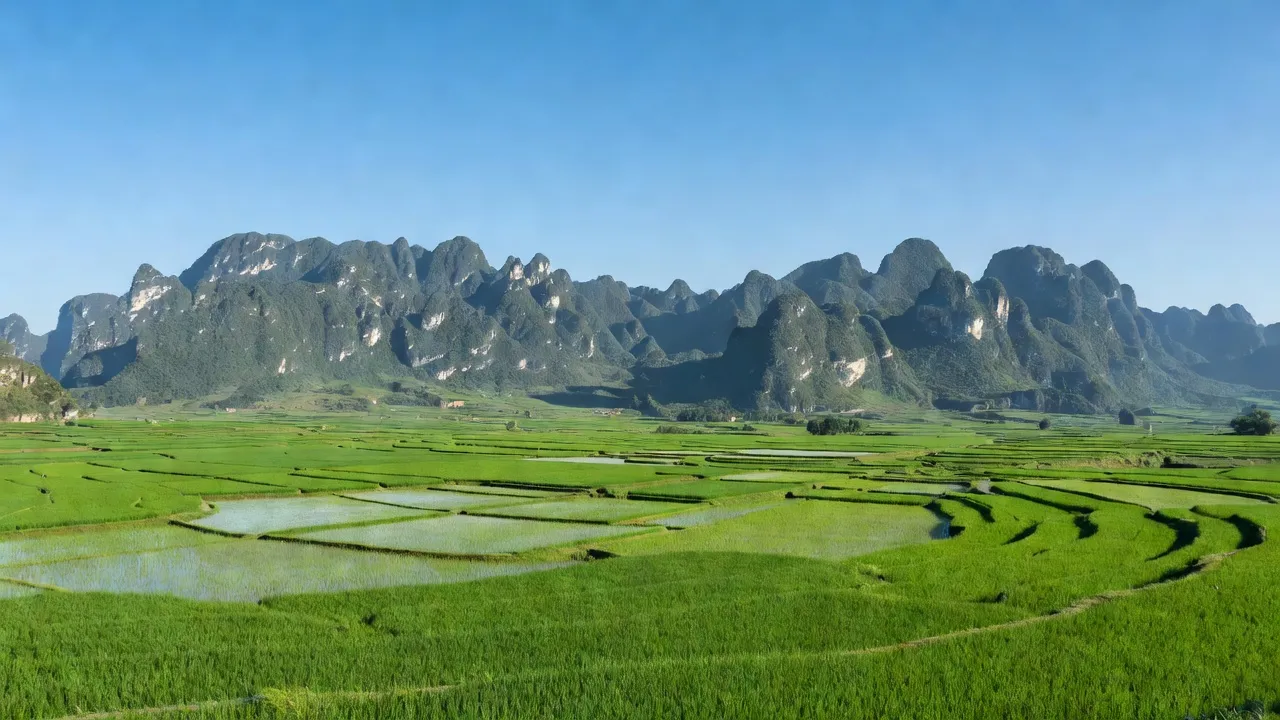 Khung cảnh xã Tả Lủng, huyện Đồng Văn, tỉnh Hà Giang với núi đá vôi và cánh đồng xanh.