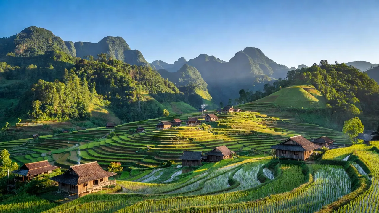 Cảnh quan núi non Tả Phìn, Hà Giang với ruộng bậc thang và nhà truyền thống.