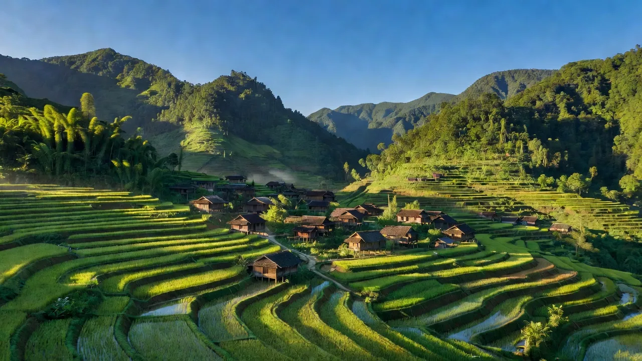 Thài Phìn Tủng village in Đồng Văn, Hà Giang with rice terraces and traditional houses surrounded by mountains.
