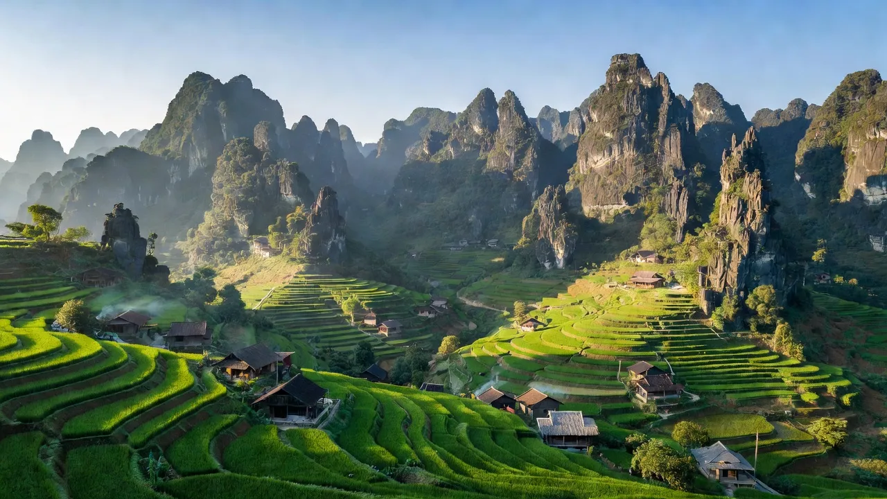 Cảnh núi non và ruộng bậc thang tại xã Vần Chải, huyện Đồng Văn, tỉnh Hà Giang, Việt Nam.