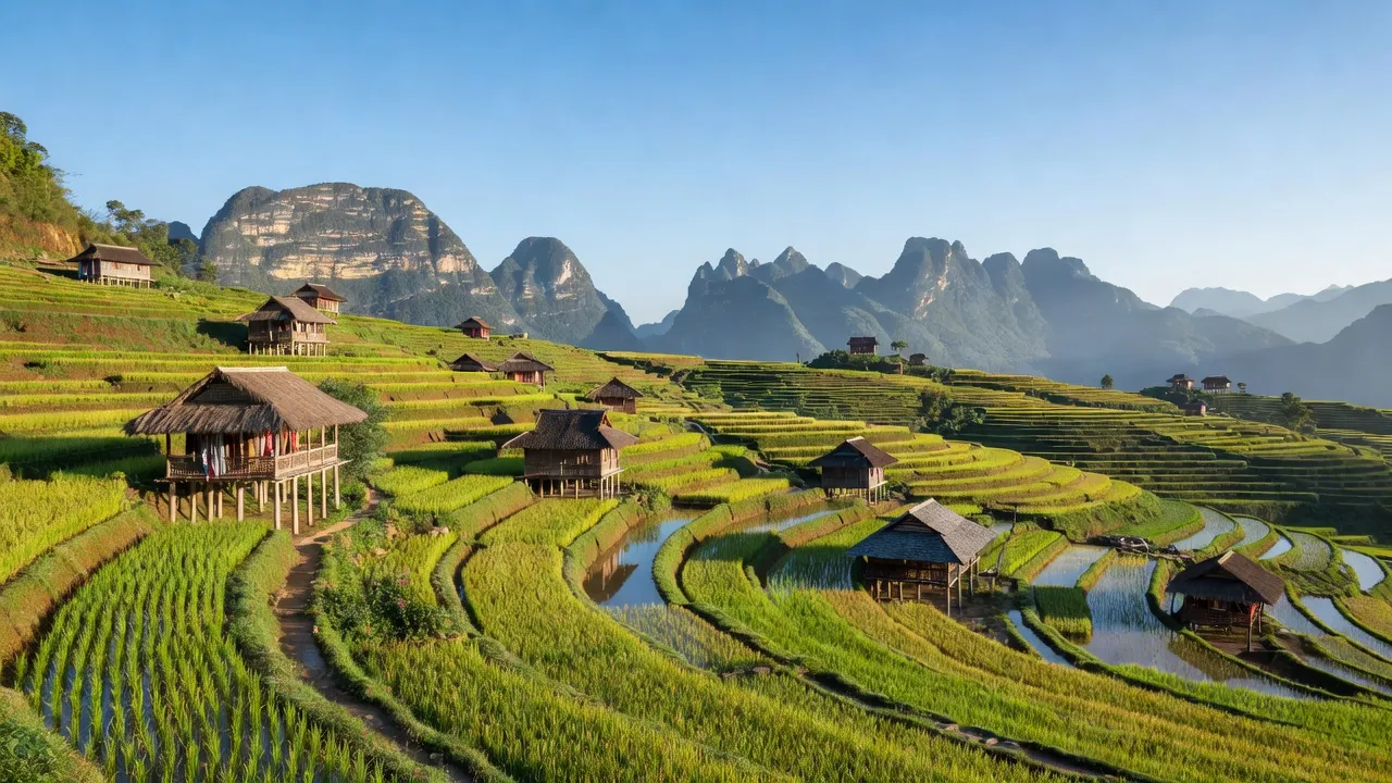 Cảnh đẹp Xà Phìn, Đồng Văn, Hà Giang với ruộng bậc thang và nhà sàn truyền thống giữa núi non.