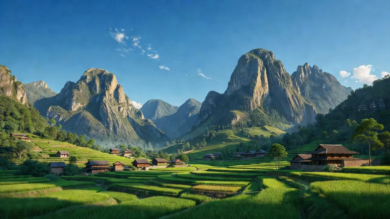 Phong cảnh xã Xà Phìn, huyện Đồng Văn, tỉnh Hà Giang với núi đá vôi và cánh đồng xanh.